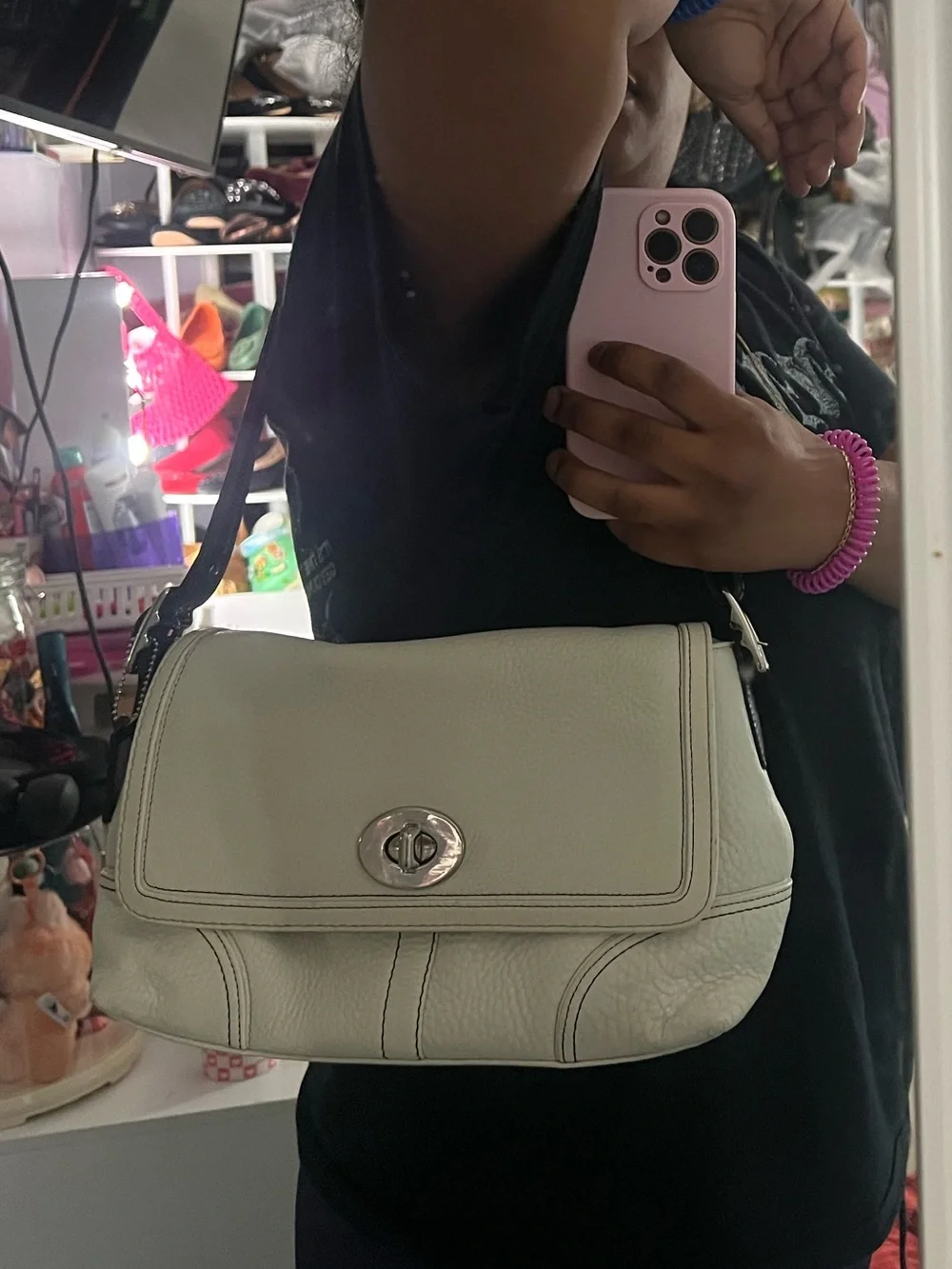 White Leather Shoulder Bag with Brown Strap